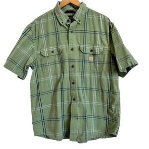 Carhartt Green Plaid Short Sleeve Loose Fit Button Up Work Shirt Large